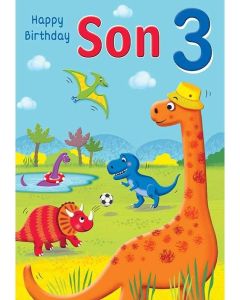 Son Age 3 Birthday Card. Dinosaur Themed. 23x15cm