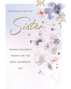 Sister Birthday Card. Flowers and Butterflies Design. 23x15cm