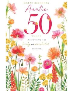 Auntie 50th Birthday Card. Floral Design. 23x15cm