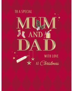 Mum Dad Christmas Card. Gold On Red. 19x13cm