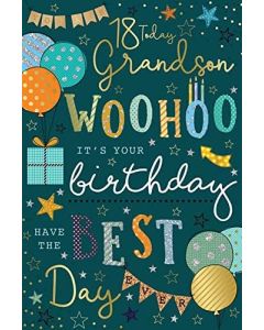 Grandson 18th Birthday Card. Balloons and Present Design. 23x15cm