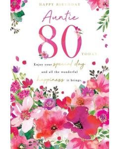Auntie 80th Birthday Card. Floral Design. Age 80. 23x15cm
