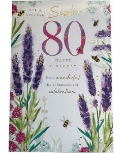 Sister 80th Birthday Card. Floral Design. 23x15cm
