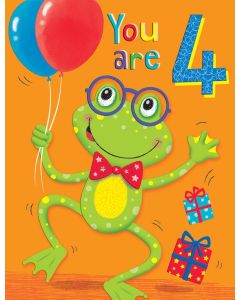Boys Age 4 Birthday Card. Frog Design. 4th Birthday. 19x13cm