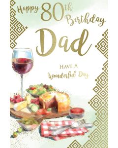 Dad 80th Birthday Card. Wine and Food Design. 23x15cm
