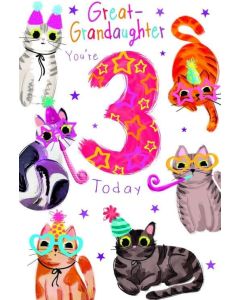 Great Granddaughter 3rd Birthday Card. Age 3. Cat Design. 23x15cm
