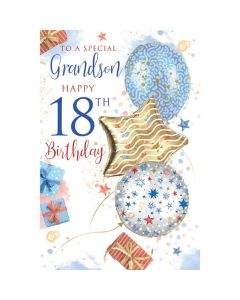 Grandson 18th Birthday Card. Balloons and Present Design. 23x15cm