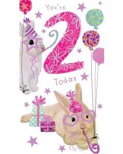 Girls Age 2 Birthday Card. Rabbit Design. 2nd Birthday. 12.3x22.8cm