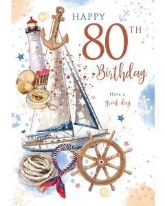 Happy 80th Birthday Card For Male. Age 80 Nautical Theme, 21x14cm