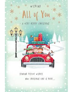 To All Of You Christmas Card. Picture of Santa and Family in Car. 23x15cm