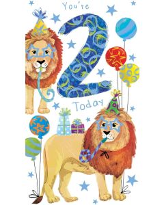 Boys Age 2 Birthday Card. Lion Themed. 2nd Birthday. 23x12cm