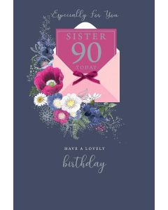 Sister 90th Birthday Card. Floral Design. 23x15cm
