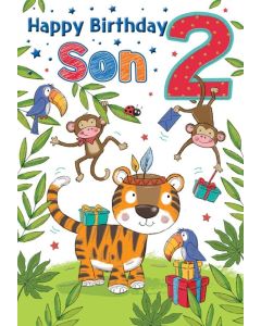 Son Age 2 Birthday Card. Jungle Themed. 23x15cm (9x6 Inches)