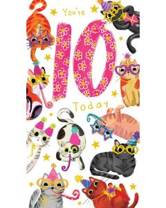 Girls Age 10 Birthday Card. Cats Design. 10th Birthday. 12.3x22.8cm