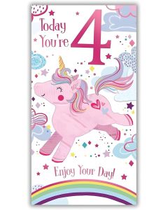 Girls Age 4 Birthday Card. Unicorn Design. 4th Birthday.12.3x22.8cm
