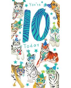 Boys Age 10 Birthday Card. Tiger Themed. 10th Birthday. 12.3x22.8cm