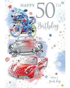 Male Age 50 50th Birthday Card. Motorbike and Car Themed. 19x13cm