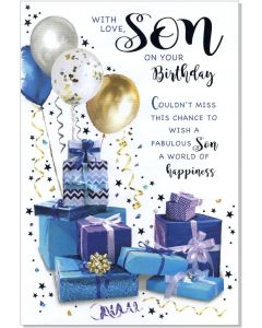 Son Birthday Card. Balloons and Presents. 23x15cm