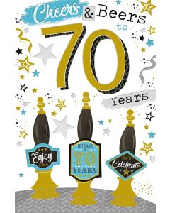 Male Age 70 Birthday Card. Cheers and Beers To You. 23x15cm