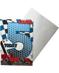 Age 5 Birthday Card Boy - Includes Envelope - Featuring a Racing Car Design. 19z13cm