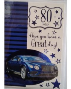 Male 80 Today Birthday Card. Car Design. 80th Birthday. 19x13cm