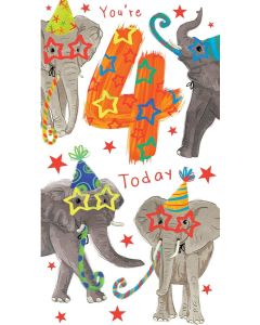 Boys Age 4 Birthday Card. Elephant Design. 4th Birthday.  12.3cm x 22.8cm