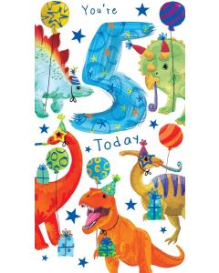 Boys Age 5 Birthday Card. Dinosaur Themed. 5th Birthday. 23x12cm