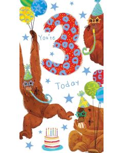 Boys Age 3 Birthday Card. Monkey Design. 3rd Birthday. 23x12cm