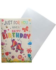 Open Birthday Card For Girl. Roller Skate Design. 19x13cm