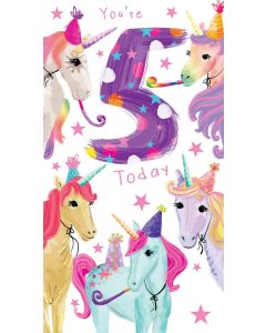 Girls Age 5 Birthday Card. Unicorn Design. 5th Birthday. 12.3x22.8cm