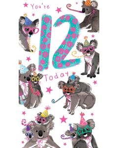 Girls Age 12 Birthday Card. Koala Design. 12th Birthday. 12.3x22.8cm