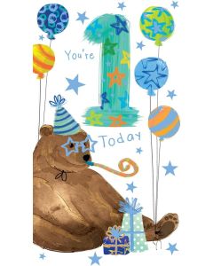 Boys Age 1 Birthday Card. Bear Themed. 1st Birthday. 23x12cm