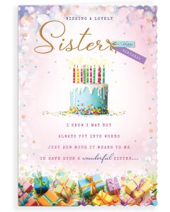 Sister Birthday Card. Presents, Cake and Candles Design. 23x15cm