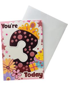 Birthday Card For Age 3 Girl. 19x13cm 