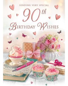 90th Birthday Card For Female. 23x15cm (9x6 Inches)