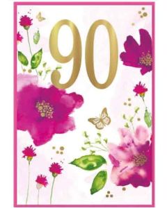 Female Age 90 Birthday Card. Flowers and Butterflies. 90th Birthday. 19x13cm