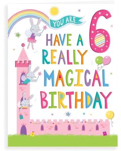 Girls Age 6 Birthday Card. Castle and Rabbit. 19x13cm