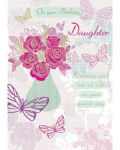Daughter Birthday Card. Flowers and Butterflies. 23x15cm (9x6 Inches)
