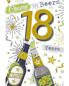 Male 18th Birthday Card. Cheers and Beers To You. Age 18. 23x15cm