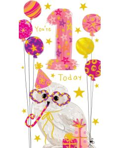 Girls Age 1 Birthday Card. Owl Design. 1st Birthday. 12.3x22.8cm