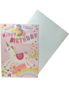 Age 3 Card For Female. Unicorn Design. 19x13cm