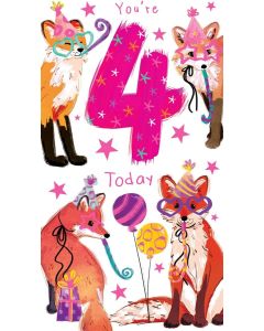 Girls Age 4 Birthday Card. Foxes Design. 5th Birthday. 23x12cm