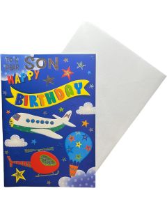 Son Birthday Card. Airplane, Helicopter, hot air balloon. 19x13cm