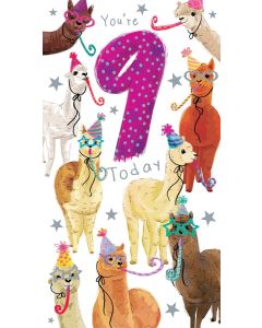 Girls Age 9 Birthday Card. Alpacas Design. 9th Birthday. 12.3x22.8cm