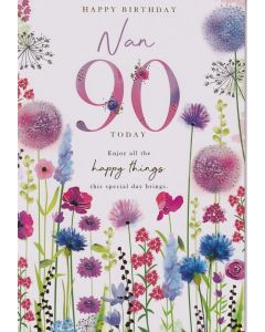 Nan 90th Birthday Card. Floral Design. Age 90