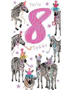 Girls Age 8 Birthday Card. 8th Birthday. Zebra Design. 12.3x22.8cm