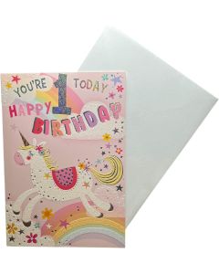 Girls you're 1 Today UnicornHappy Birthday Card. 19x13cm