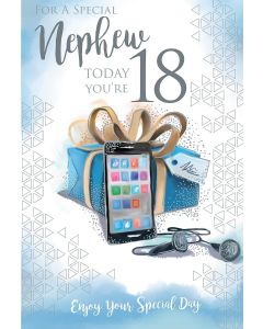 Nephew 18th Birthday Card. Mobile Phone Picture. Age 18. 23x15cm