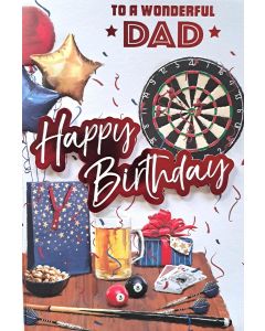 To a Wonderful Dad Happy Birthday Card. Darts Theme. 23x15cm