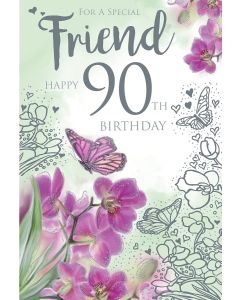 Friend 90th Birthday Card. Flowers and Butterflies Design. 23x15cm